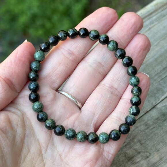 Green Rhyolite Gemstone Beaded Stretchy Bracelet - 6mm Crystal Jewelry - Picture 6 of 10